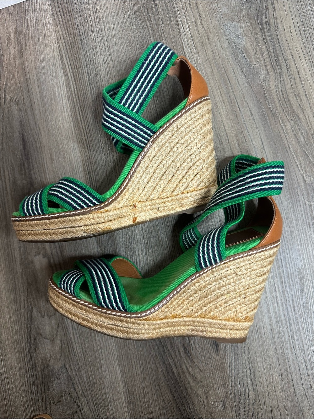 Tory Burch Green Sandal Wedges Frieda Striped Espadrille Size 8 Preppy Resort - Picture 6 of 8